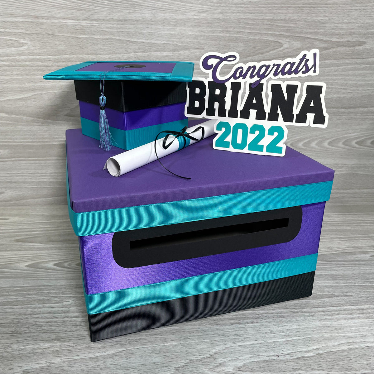 Graduation Card Box - Purple, Black, Turquoise 10x10