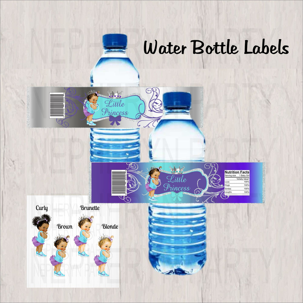 Purple, Teal, and Silver Little Princess Water Bottle Labels
