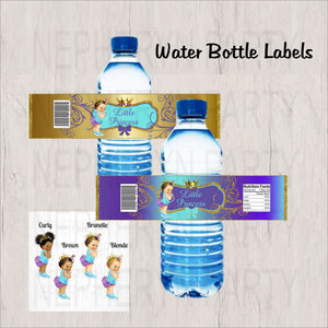 Purple, Teal, and gold Little Princess Water Bottle Labels, Brunette