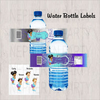 Purple, Teal, and Silver Little Princess Water bottle Labels, Curly