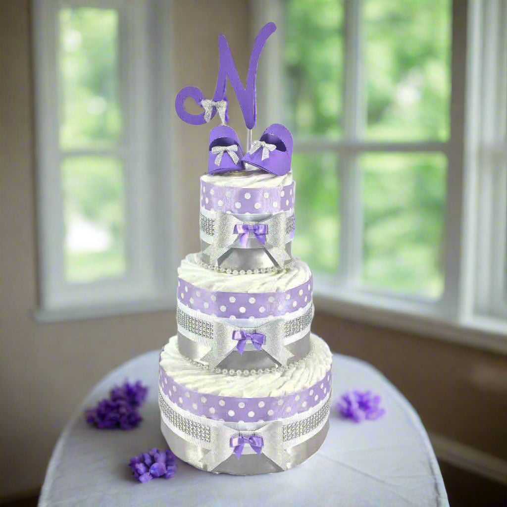 Lavender & Silver Monogram Girl Diaper Cake Centerpiece