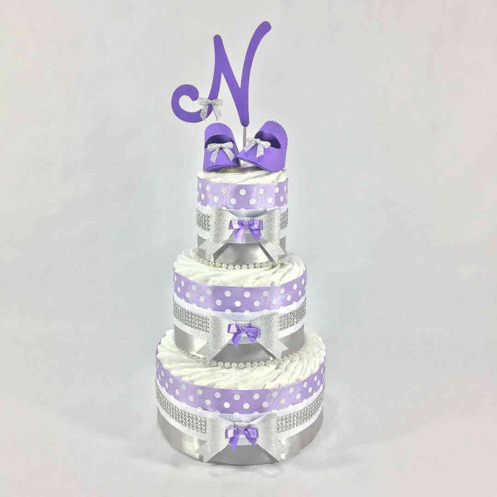 Lavender & Silver Monogram Girl Diaper Cake Centerpiece