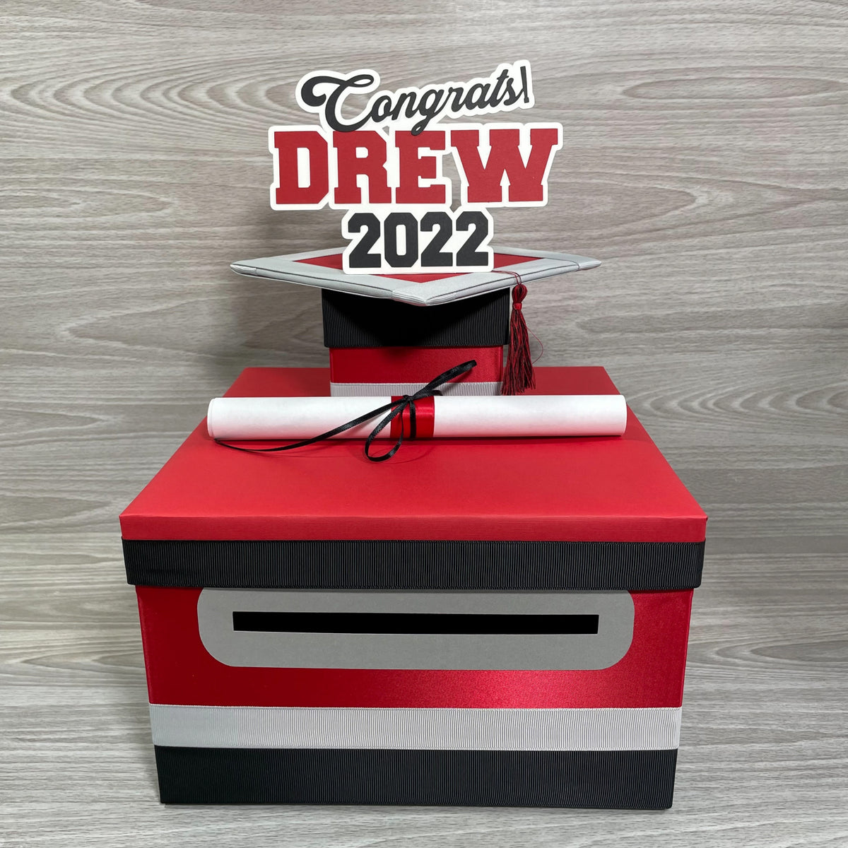 Graduation Card Box - Red, Black, Gray 10x10