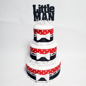 Red, Black, and White Little Man Diaper Cake Centerpiece