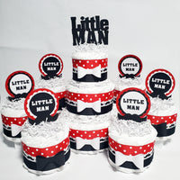 Red, Black, and White Little Man Diaper Cake Centerpiece Set
