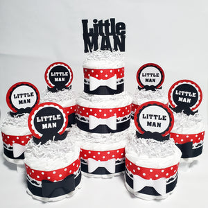 Red, Black, and White Little Man Diaper Cake Centerpiece Set