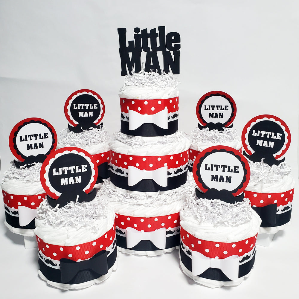 Red, Black, and White Little Man Diaper Cake Centerpiece Set