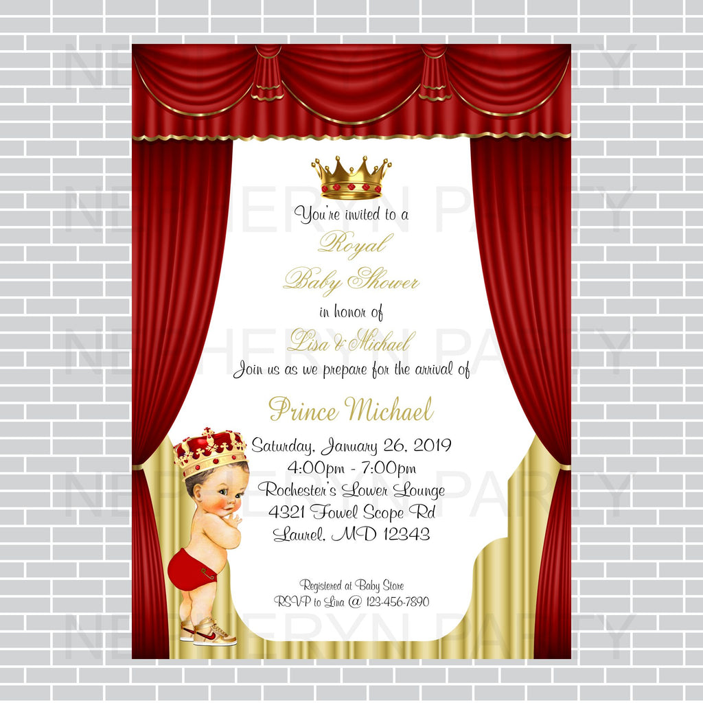 Red and Gold Little Prince Baby Shower Invite, Brunette