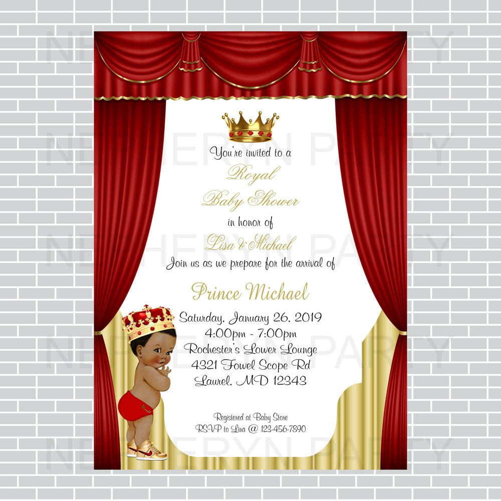 Red and Gold Little Prince Baby Shower Invite, Curly