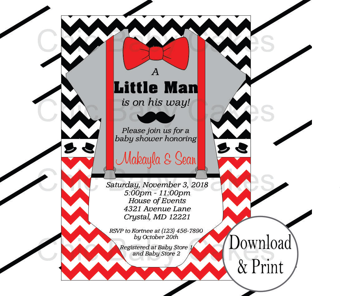 Red, Black, & Grady Little Man Onesie Baby Shower Invite