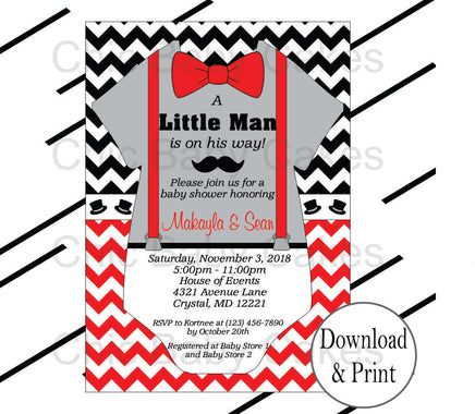 Red, Black, & Grady Little Man Onesie Baby Shower Invite