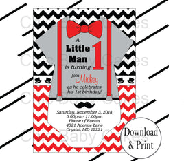 Red, Black, & Grady Little Man Onesie Birthday Invite