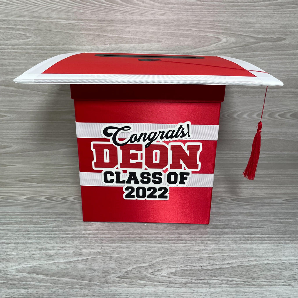 Graduation Cap Card Box - Red, White, Black 8x8