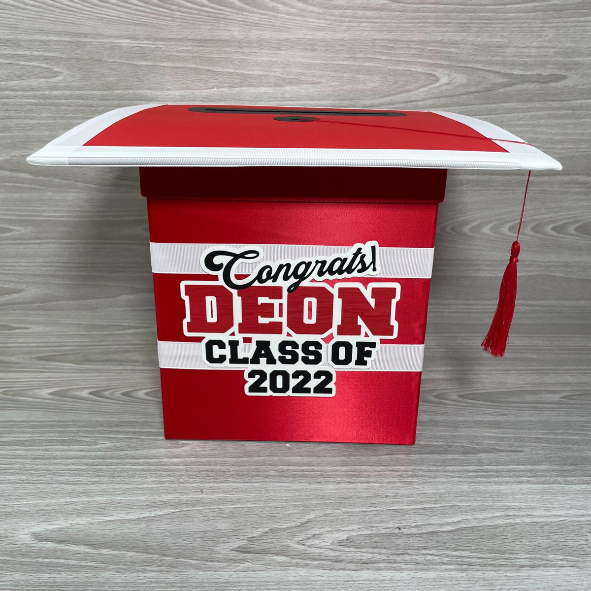 Graduation Cap Card Box - Red, White, Black 8x8