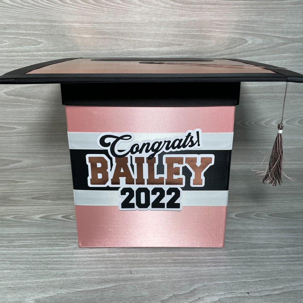 Graduation Cap Card Box - Rose Gold, Black, White 8x8 Style 1