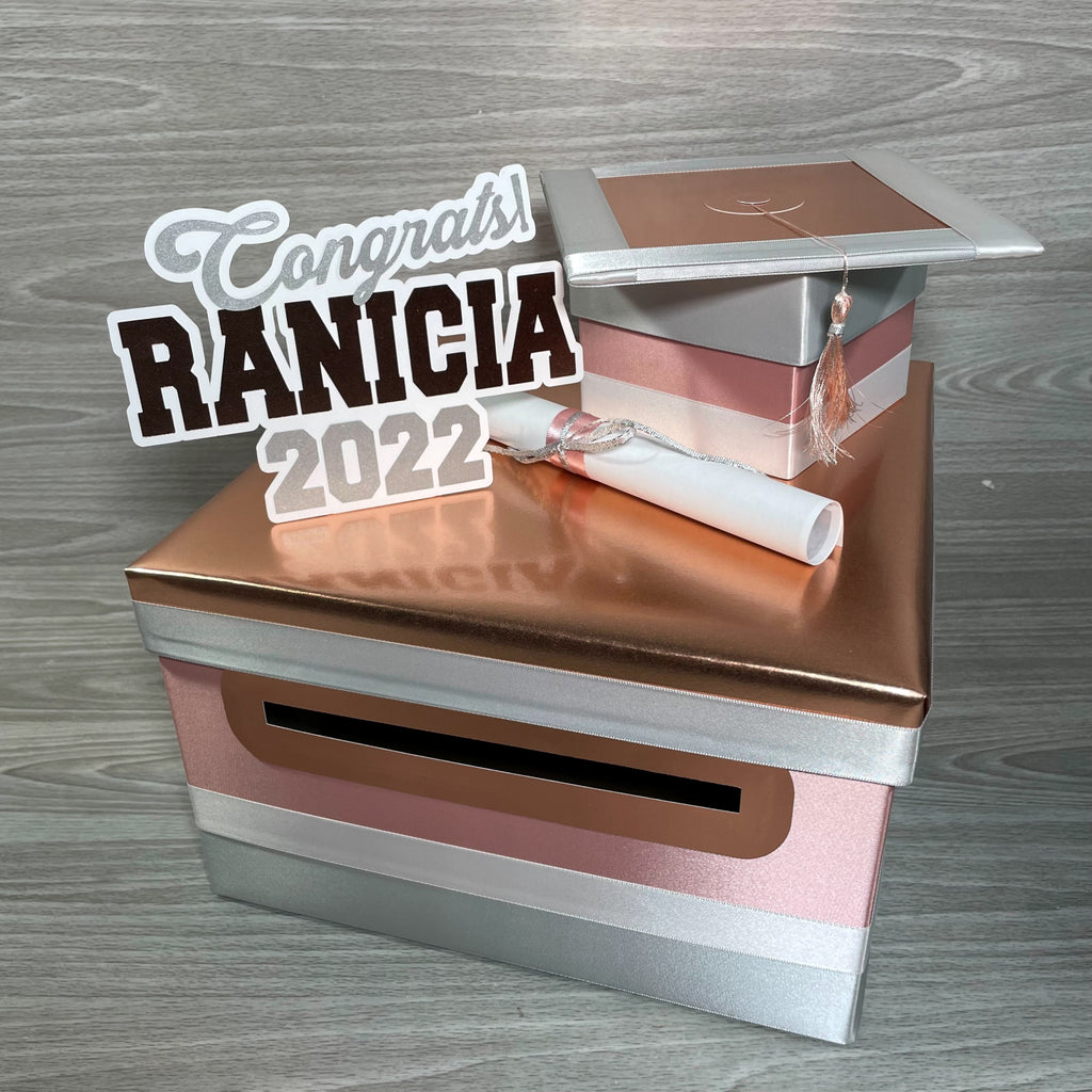 Graduation Card Box, Rose Gold, Silver, White 10x10