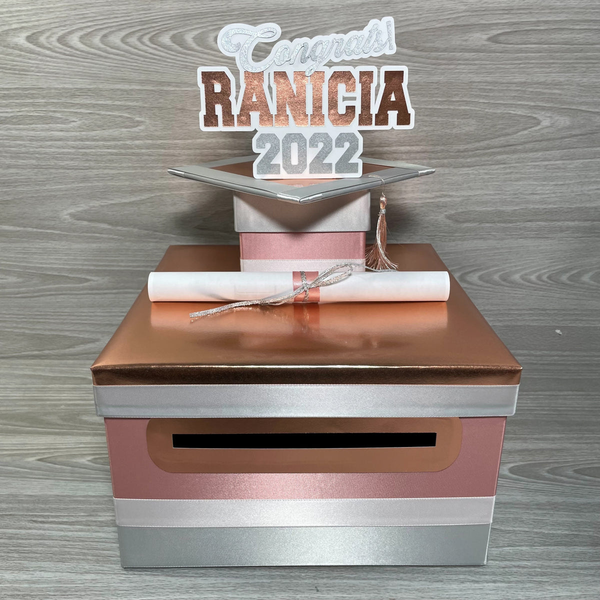 Graduation Card Box, Rose Gold, Silver, White 10x10