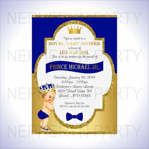 Royal Blue & Gold Little Prince Baby Shower Invite, Blonde