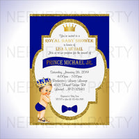 Royal Blue & Gold Little Prince Baby Shower Invite, Brunette