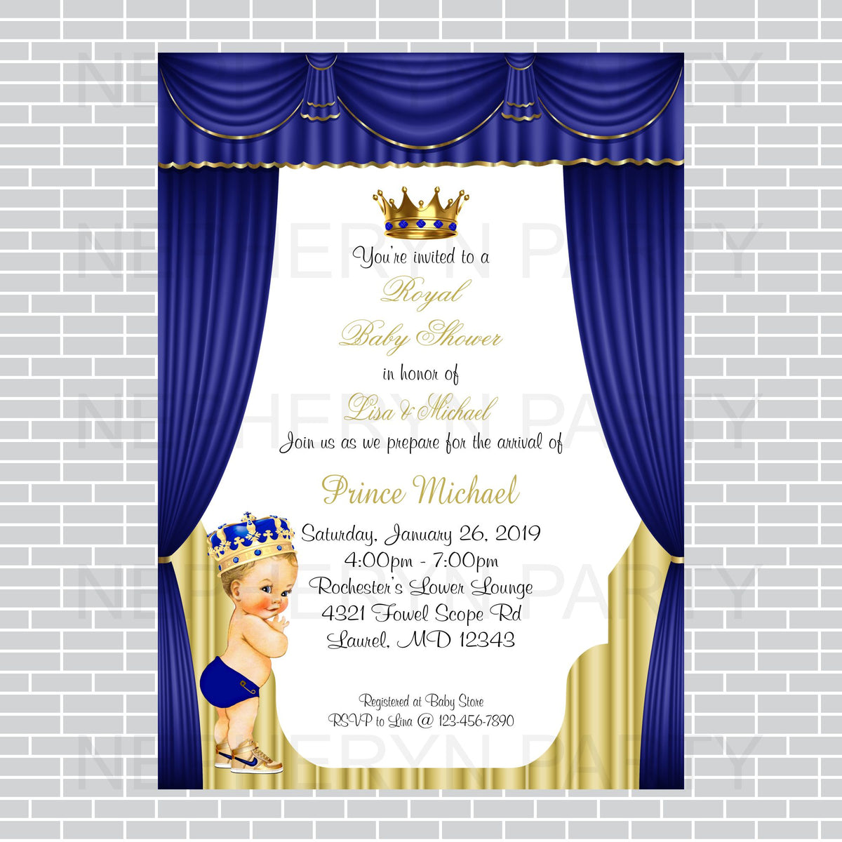 Royal Blue and Gold Little Prince Baby Shower Invite, Blonde