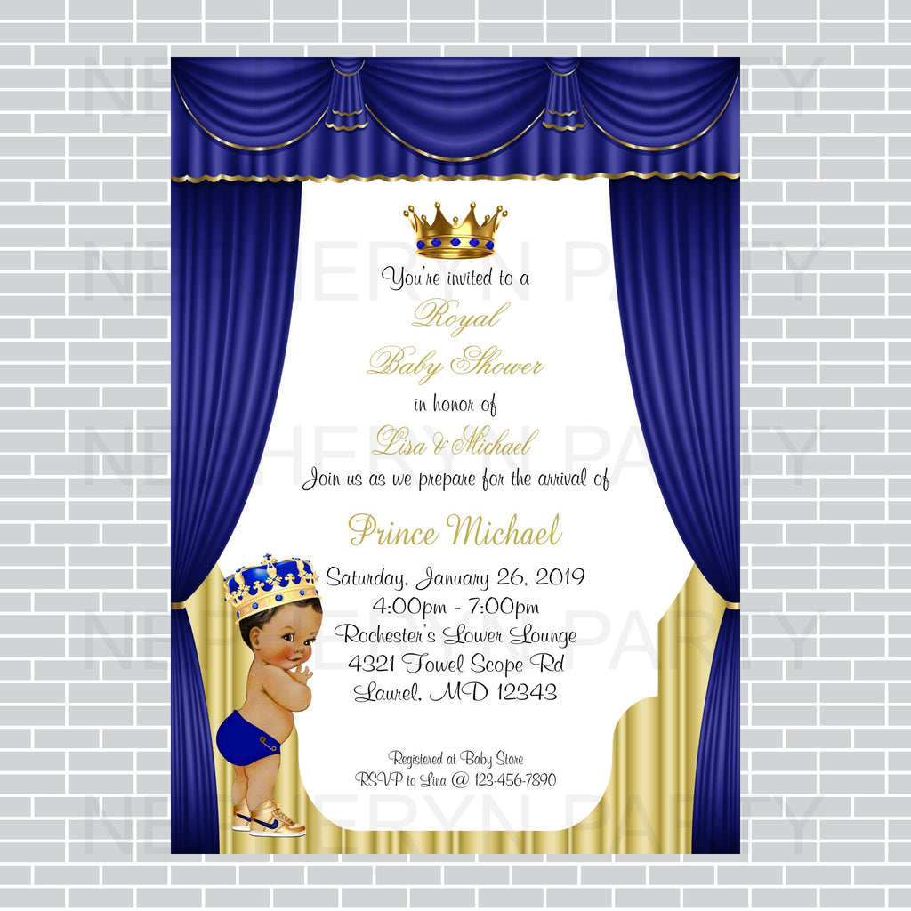 Royal Blue and Gold Little Prince Baby Shower Invite, Brown