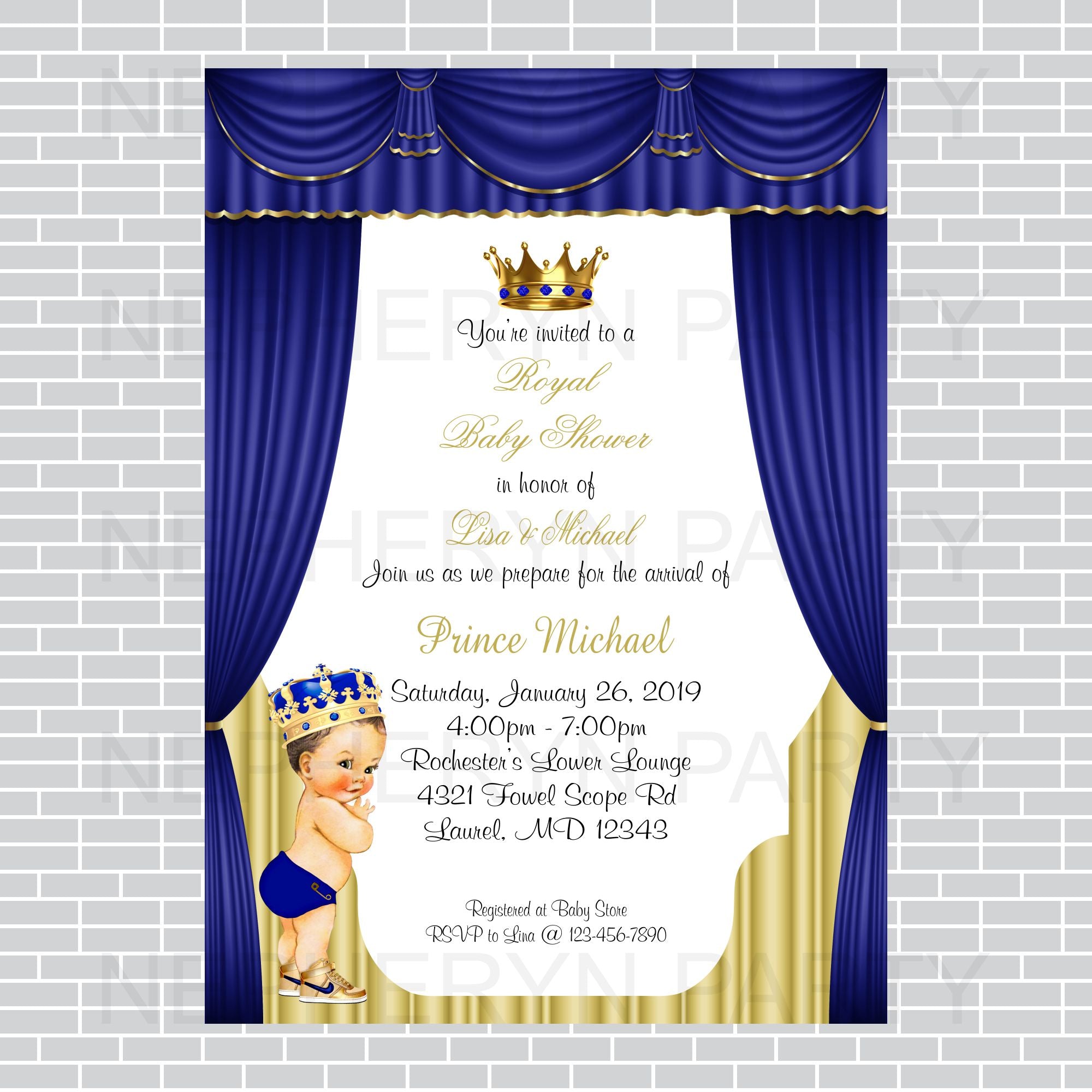 Royal Prince Baby Shower Invitation Blue and Gold Little 