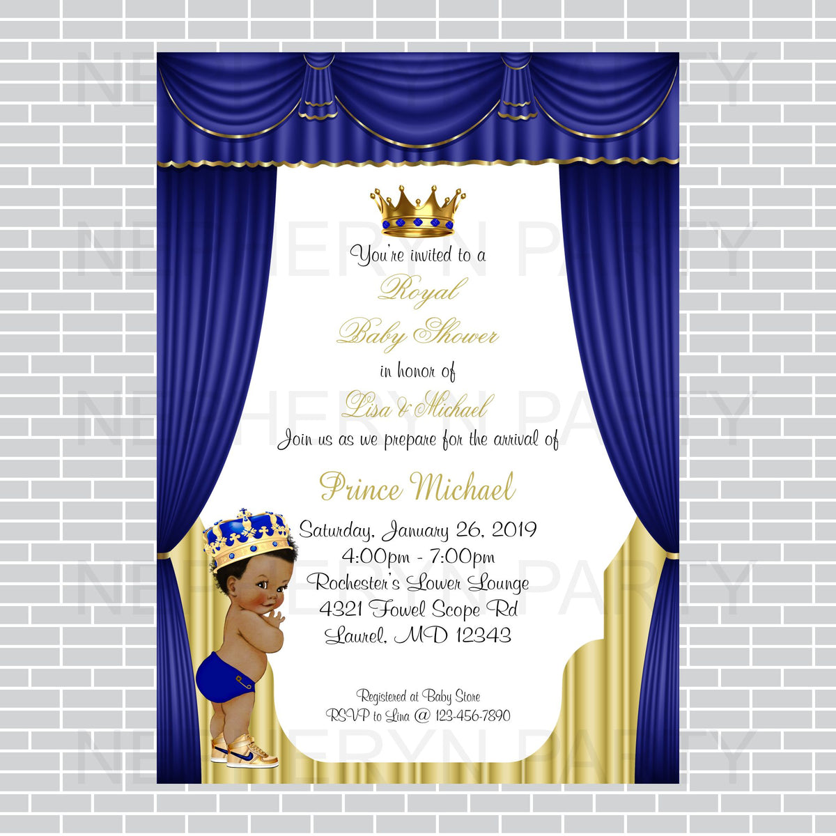 Royal Blue and Gold Little Prince Baby Shower Invite, Curly