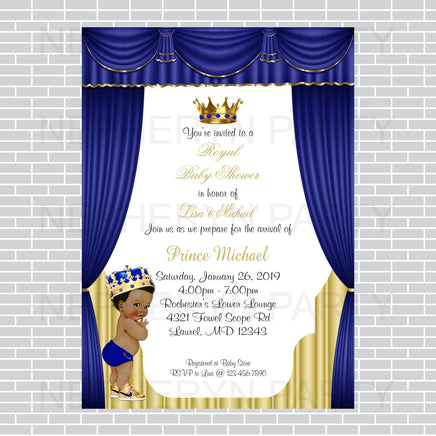 Royal Blue and Gold Little Prince Baby Shower Invite, Curly