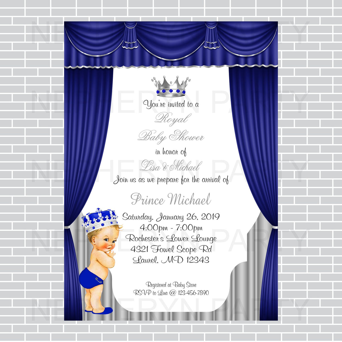 Royal Blue and Silver Little Prince Baby Shower Invite, Blonde