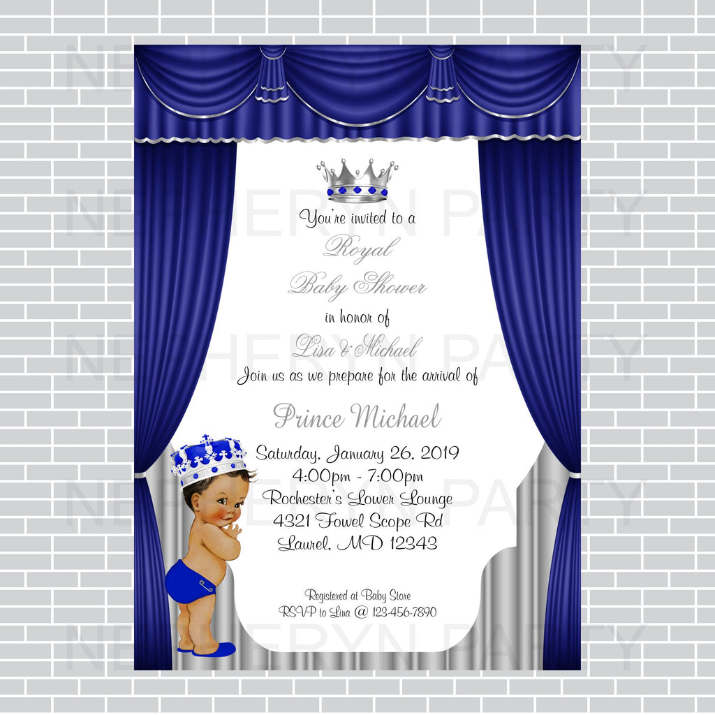 Royal Blue and Silver Little Prince Baby Shower Invite, Brown