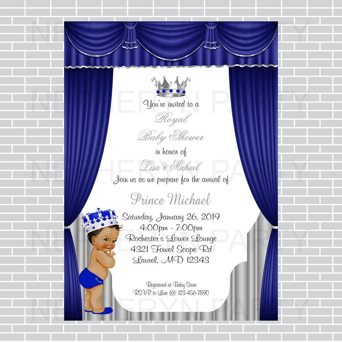 Royal Blue and Silver Little Prince Baby Shower Invite, Brown