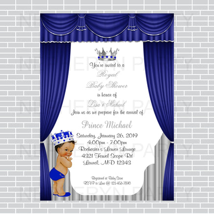 Royal Blue and Silver Little Prince Baby Shower Invite, Brown
