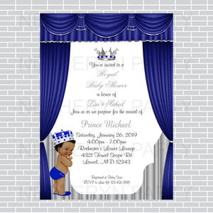 Royal Blue and Silver Little Prince Baby Shower Invite, Curly