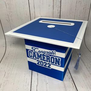 Graduation Cap Card Box - Royal Blue, White 8x8 Style 2