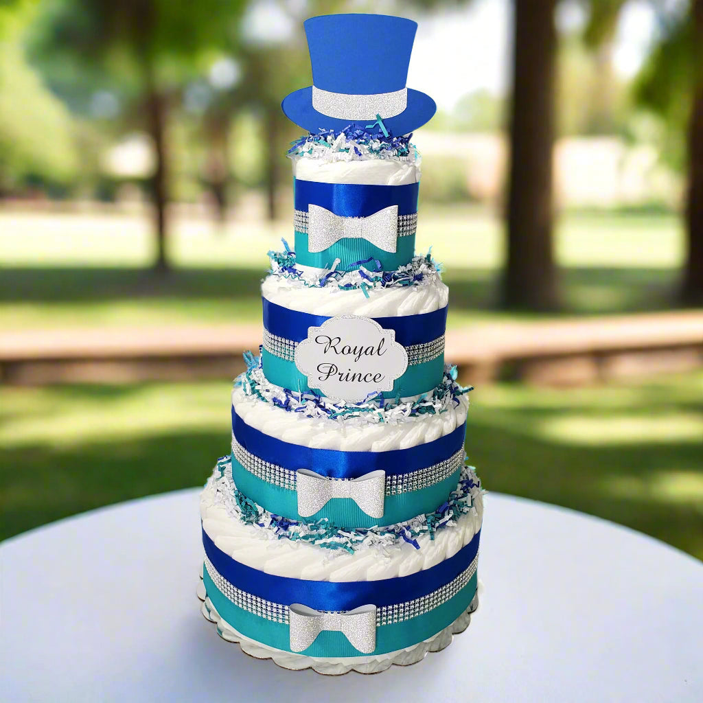 Royal Blue, Teal, & Silver Prince Baby Shower Diaper Cake