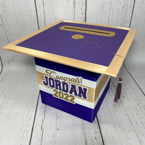 Graduation Cap Card Box - Purple, Light Gold 8x8