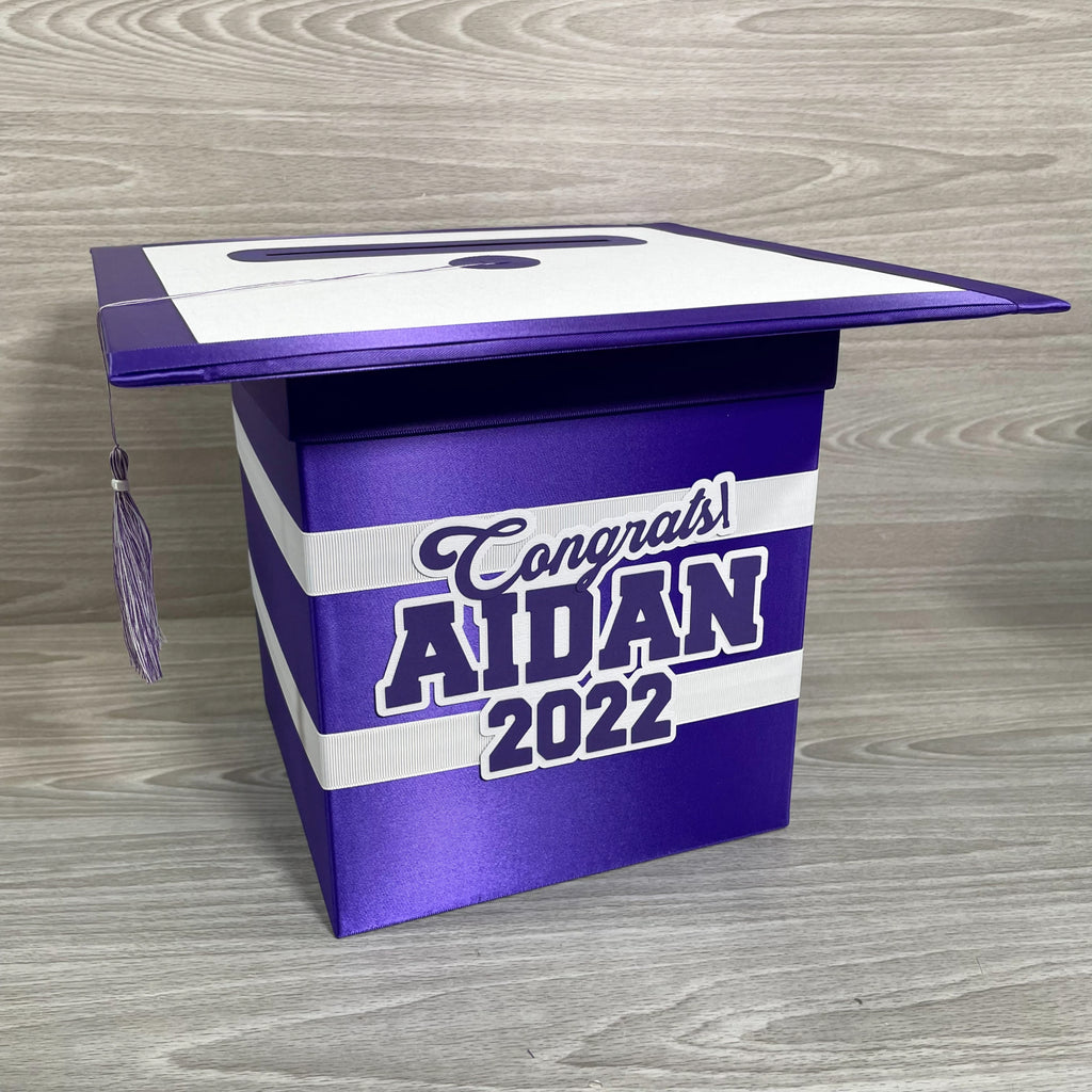 Graduation Cap Card Box - Purple, White 8x8 Style 2