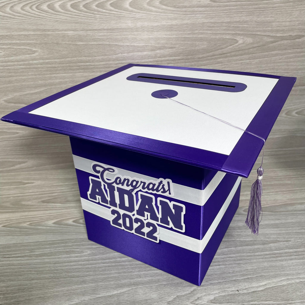 Graduation Cap Card Box - Purple, White 8x8 Style 2