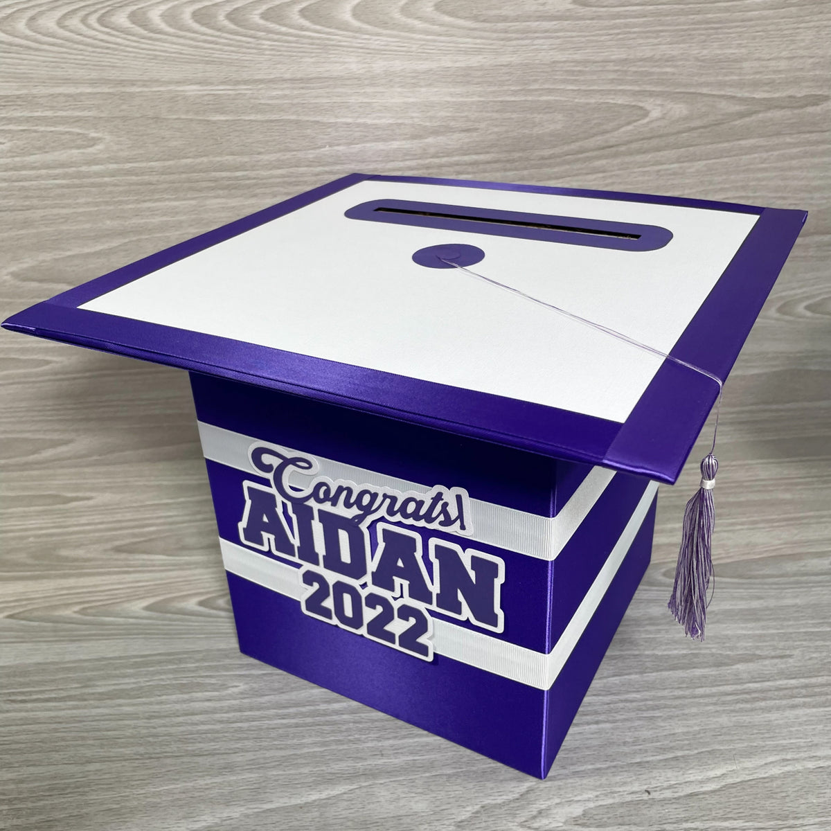 Graduation Cap Card Box - Purple, White 8x8 Style 2