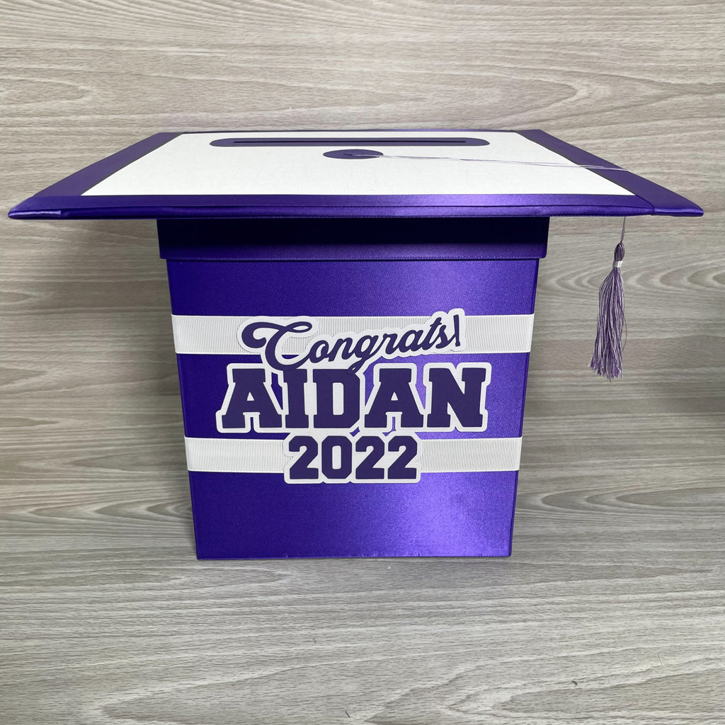 Graduation Cap Card Box - Purple, White 8x8 Style 2