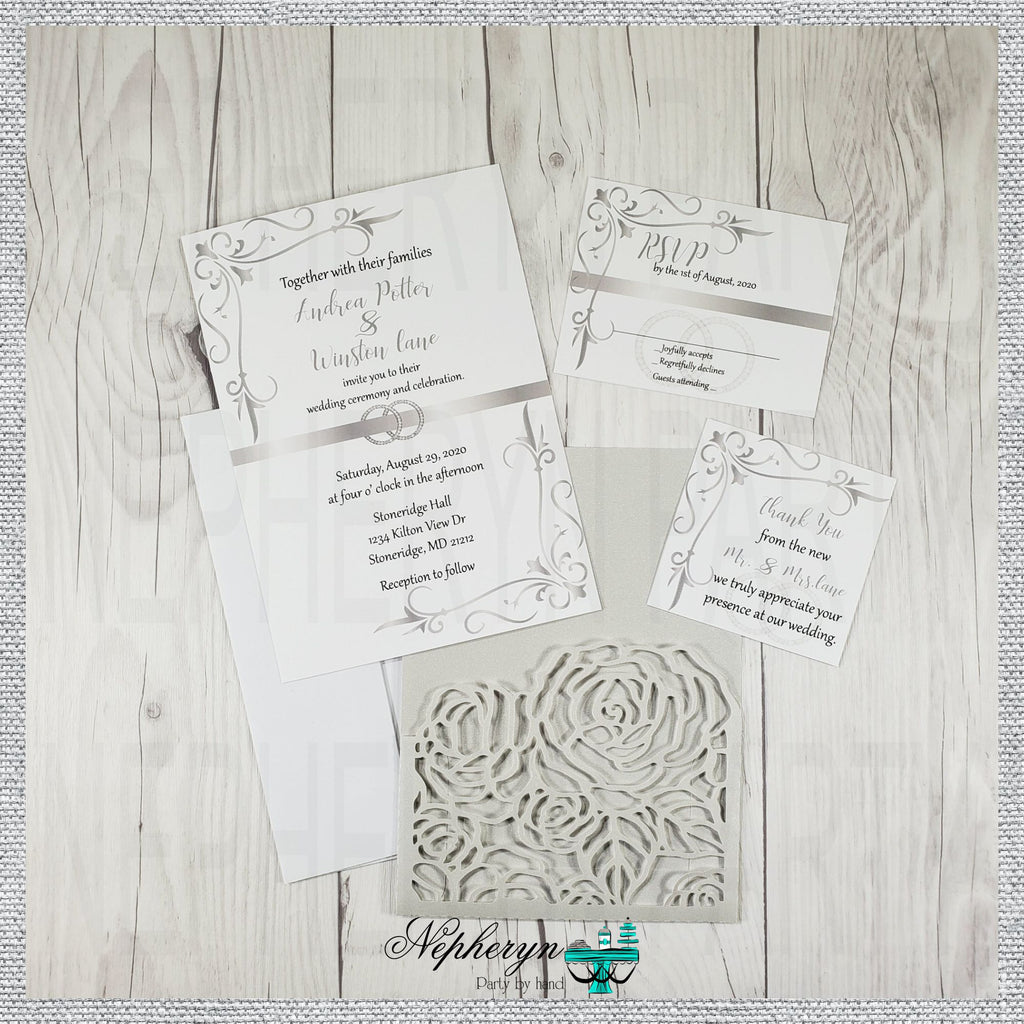 Silver & White Wedding Invitation Set