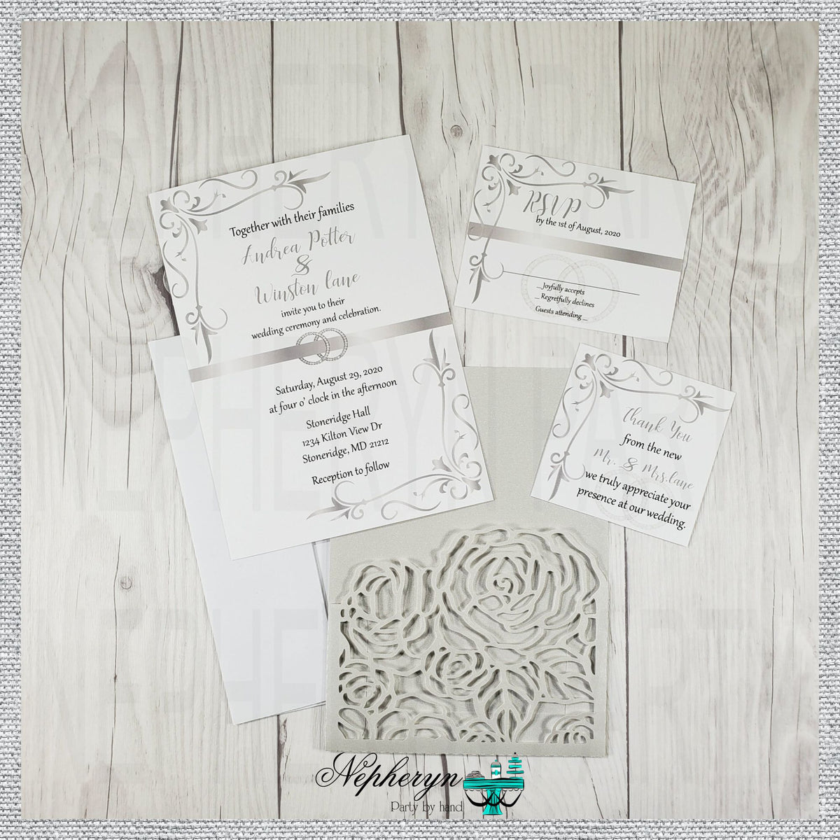 Silver & White Wedding Invitation Set
