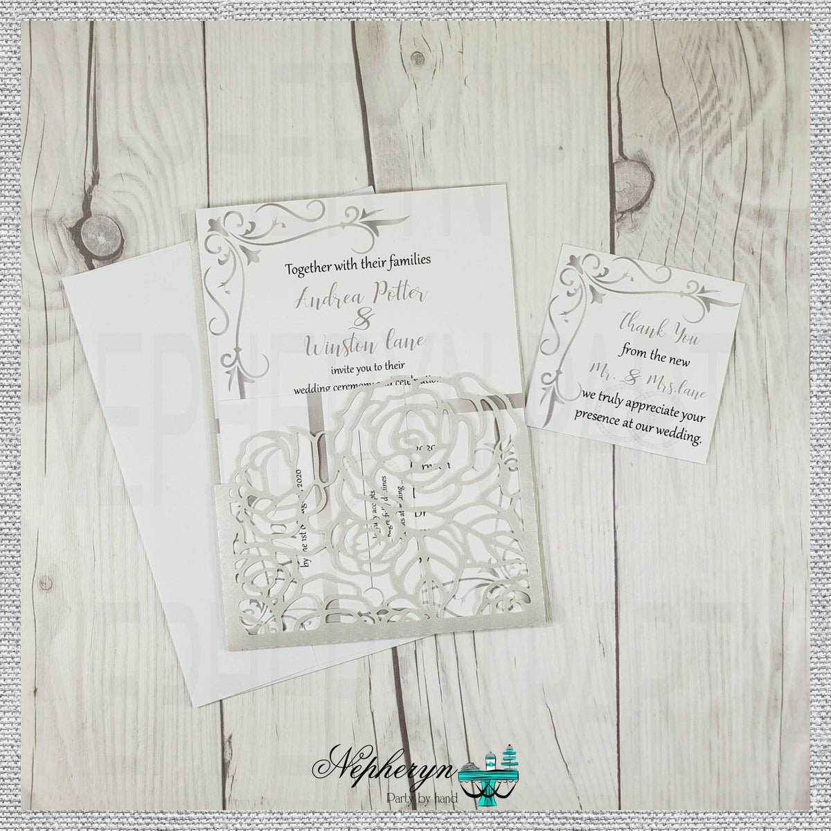 Silver & White Wedding Invitation Set