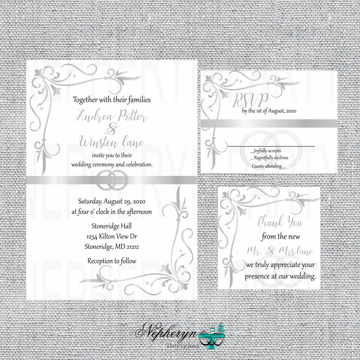 Silver & White Wedding Invitation Set