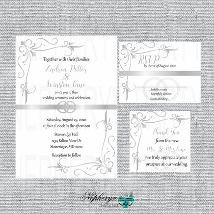 Silver & White Wedding Invitation Set