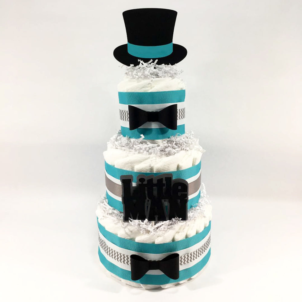 Teal and Gray Little Man Diaper Cake