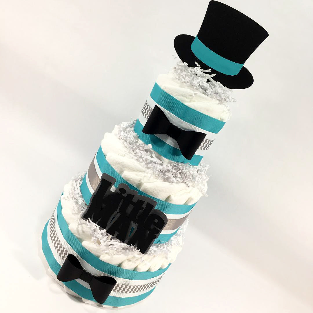 Teal, Gray, & Black Little Man Baby Shower Diaper Cake