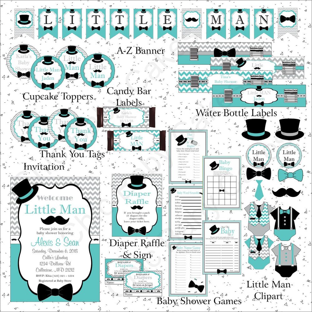 Little Man Printable Decoration Pack, Teal & Gray