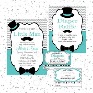 Little Man Invite & Diaper Raffle, Teal & Gray