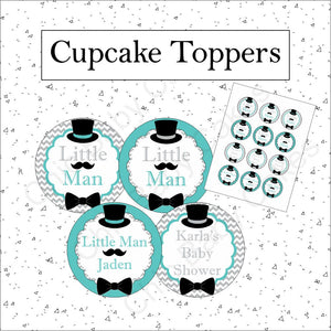 Little Man Cupcake Toppers, Teal & Gray